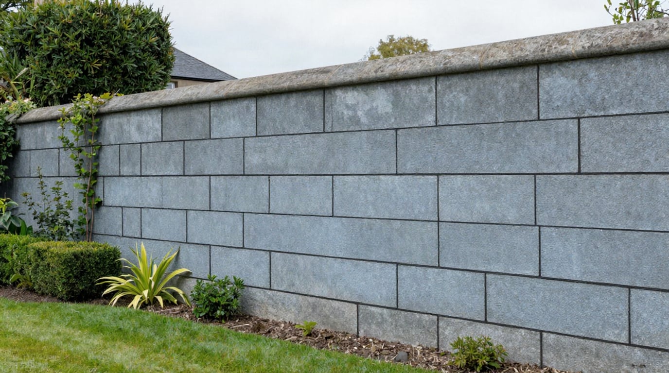 Three-quarter garden view of dressed blue-grey limestone blocks with staggered joints recessed into dark grooves, broad coping, clipped box hedging, planting and lawn.