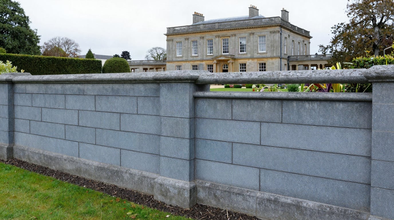 Formal blue-grey dressed limestone garden wall with narrow dark recessed joints, broad coping, lawn and clipped hedging in front of a Georgian country house.